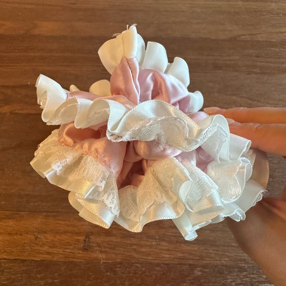 Pink Satin Lace Scrunchie Oversized Ruffle Hair Tie Coquette Balletcore Hair - Picture 3 of 4
